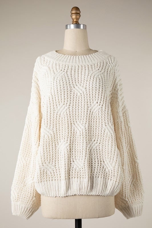 Luxe Life Styled cream crochet knit sweater with staircase braid pattern and ribbed trim. 55% cotton, 45% acrylic.