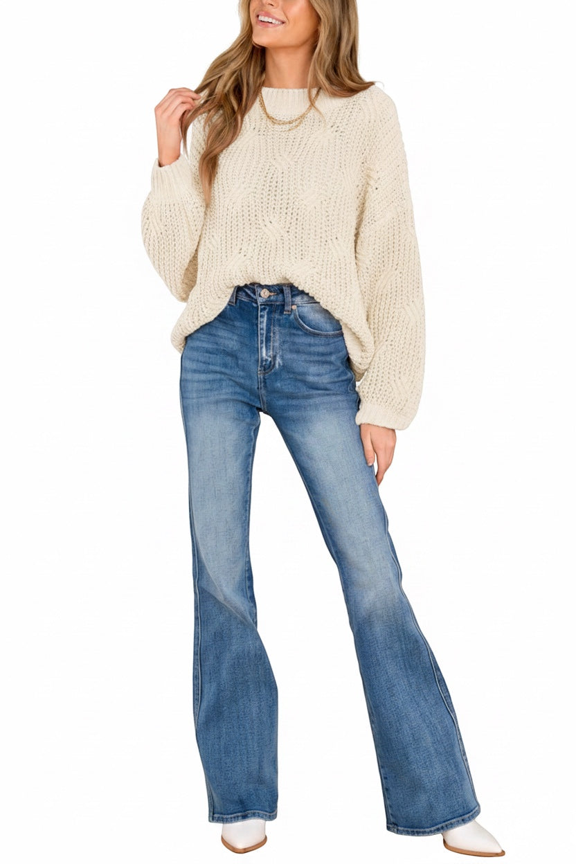 Luxe Life Styled cream crochet knit sweater with staircase braid pattern, ribbed trim, and cotton-acrylic blend.