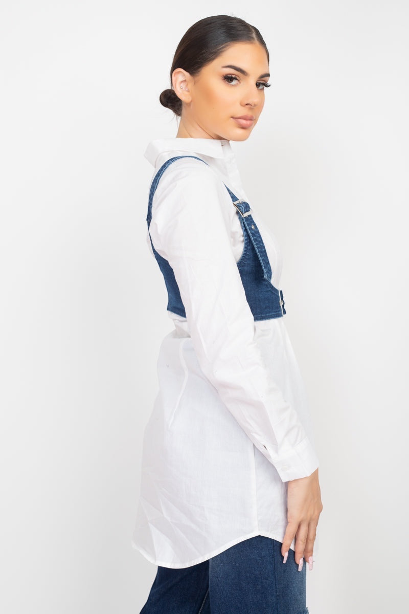 Luxe Life Styled dark wash denim vest top with adjustable buckle straps worn over a white button-up shirt.