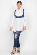 Luxe Life Styled blue denim vest top with adjustable buckle straps and belted trim hem, worn over a white shirt.