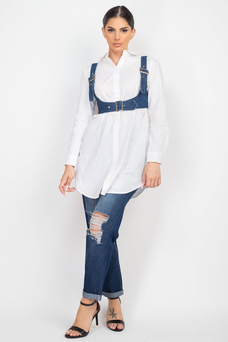 Luxe Life Styled blue denim vest top with adjustable buckle straps and belted trim hem, worn over a white shirt.
