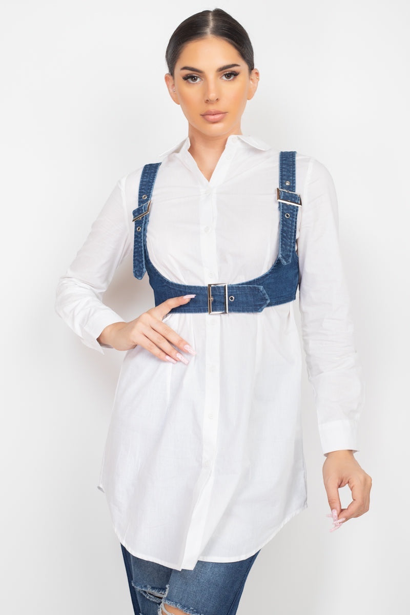 Luxe Life Styled blue denim vest top with adjustable buckle straps and belted trim hem, worn over a white button-up shirt.
