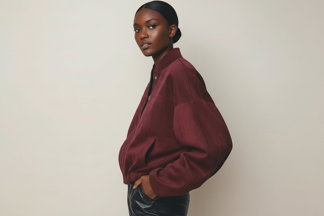 Luxe Life Styled wine faux suede bomber jacket with bat wing sleeves and zip-up front.