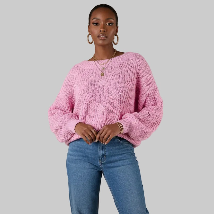 Luxe Life Styled pink crochet knit chenille sweater with staircase braid pattern and ribbed trim, 55% cotton, 45% acrylic.