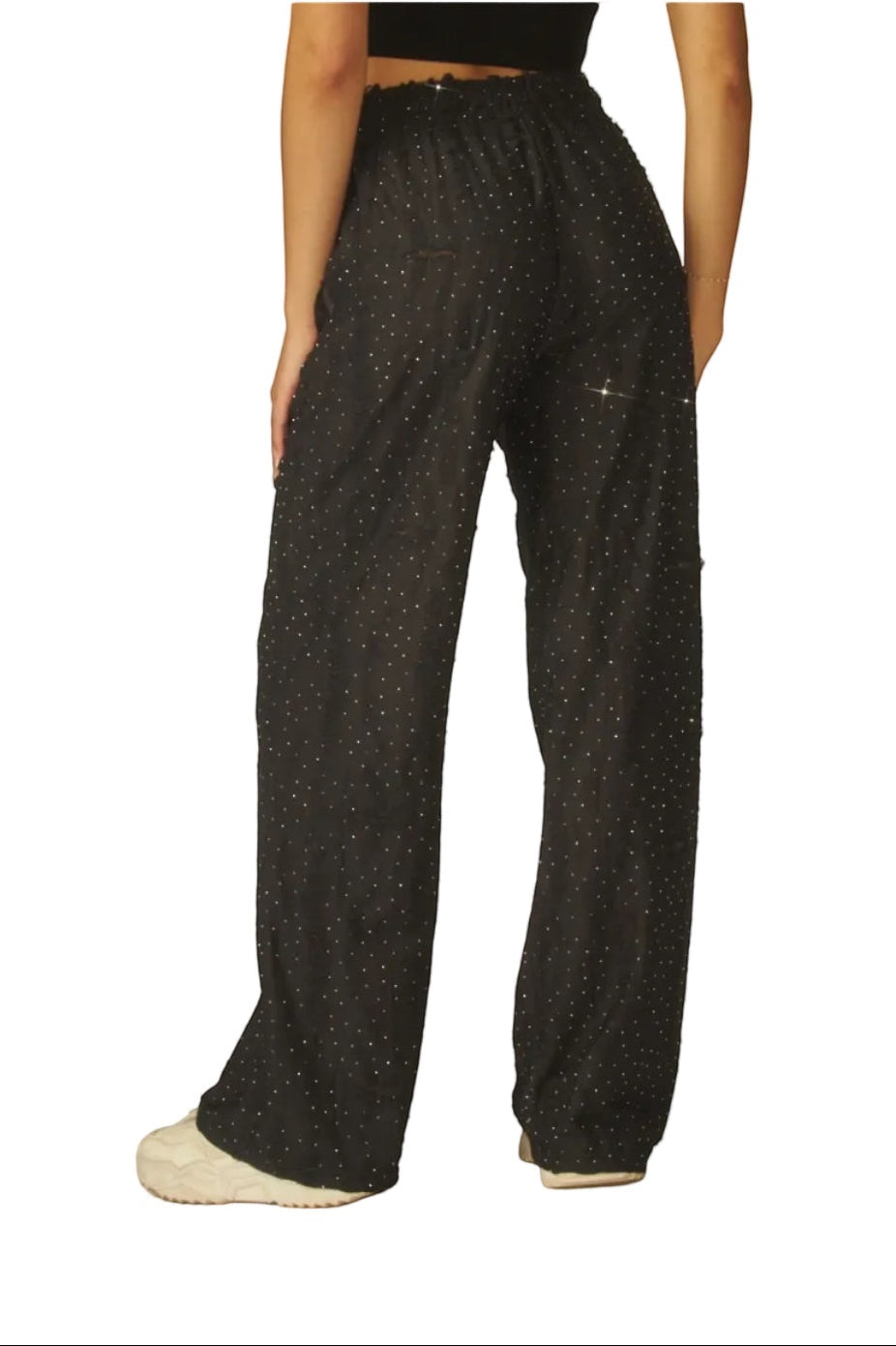 Luxe Life Styled black polyester lounge pants with all-over rhinestones, drawstring waist, and destroyed details.