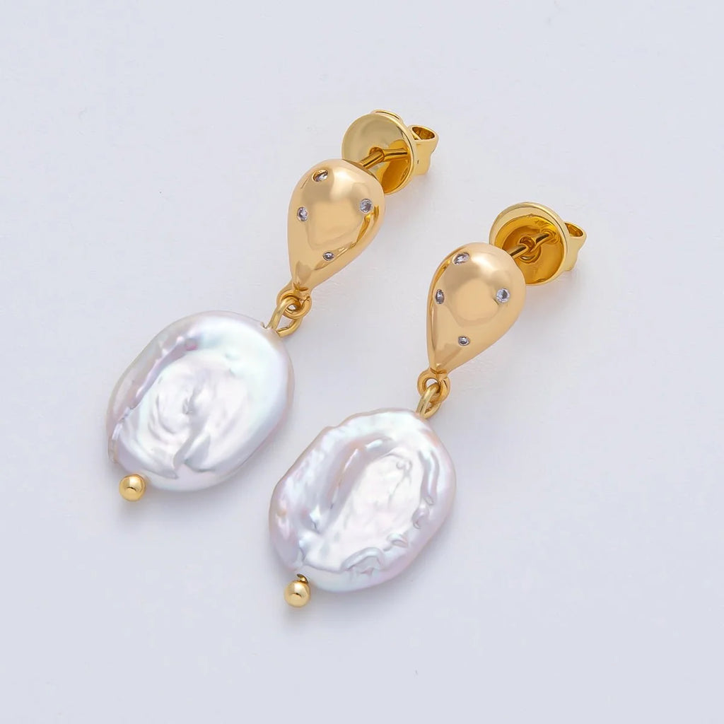 8K Gold Filled 31.5mm Baroque Shell Pearl Drop Stud Earrings