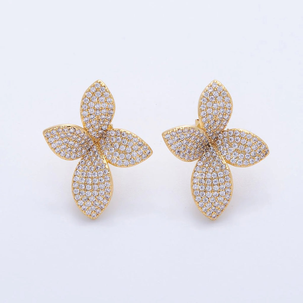 18K Gold Filled 30mm Micro Paved CZ Flower Petal Cross Studs Earrings