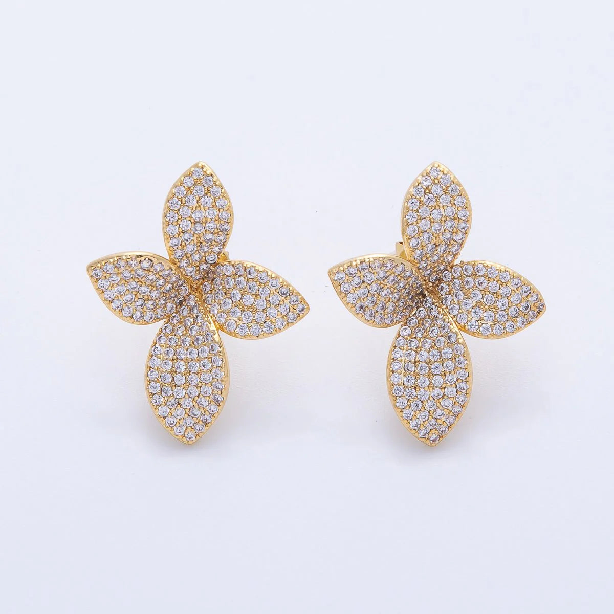 18K Gold Filled 30mm Micro Paved CZ Flower Petal Cross Studs Earrings