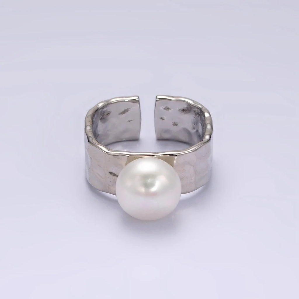 14K Gold Filled White Pearl Hammered Wide Band Ring
