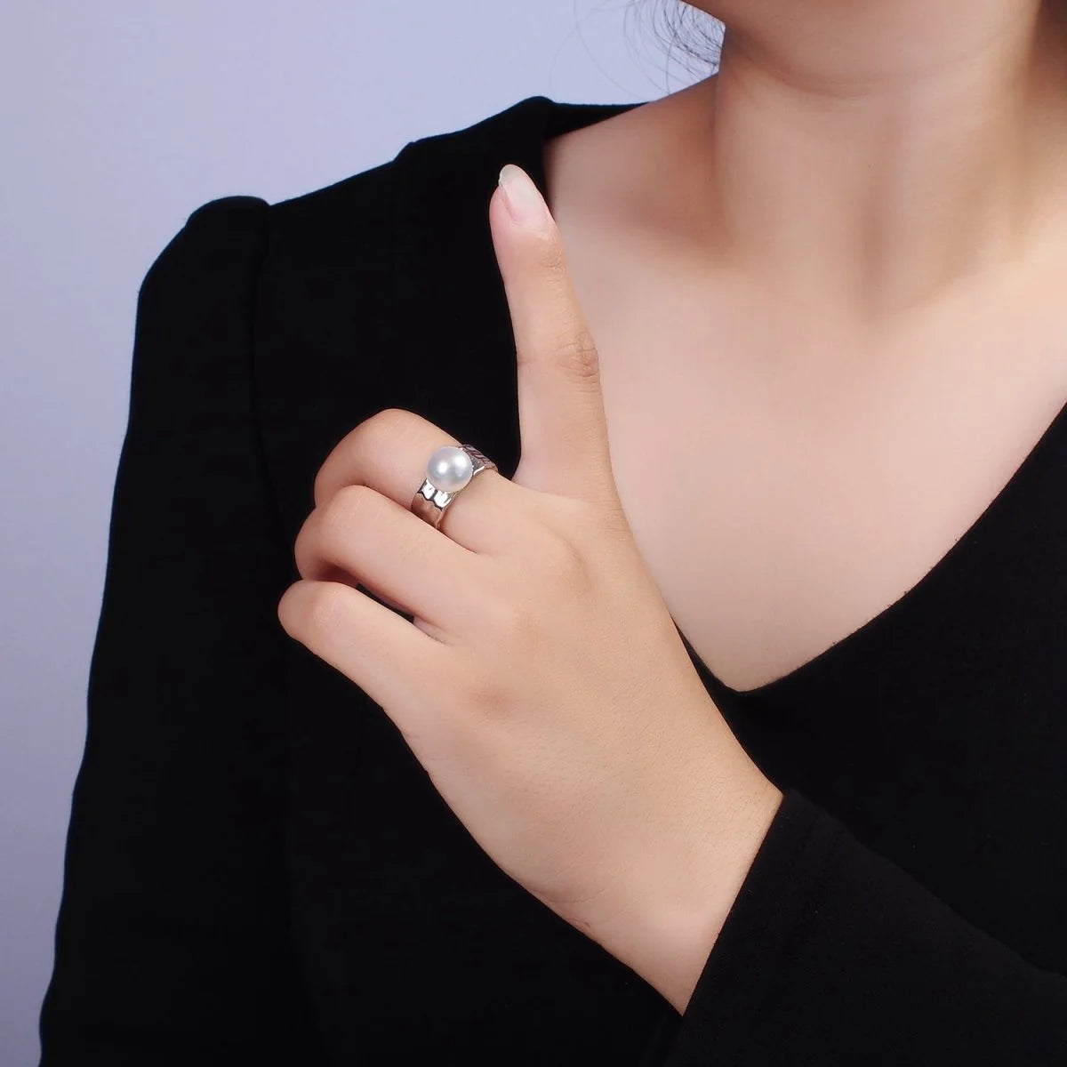 14K Gold Filled White Pearl Hammered Wide Band Ring